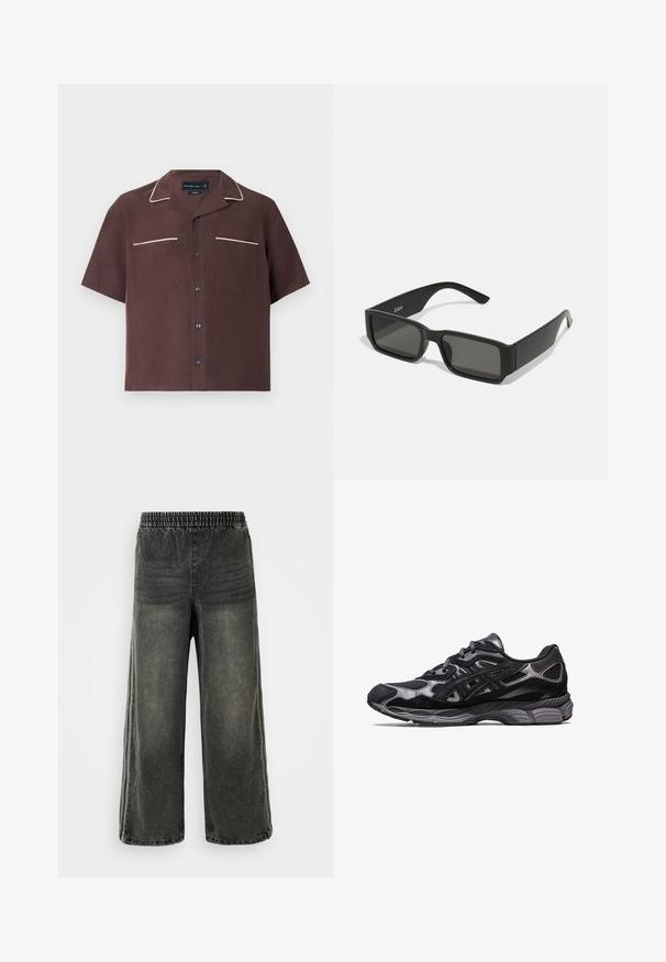 Korte mouwen bruin shirt van gladde stof met witte bies langs de kraag en zakken, met twee borstzakken en zwarte knopen.; Zwart gewassen denim broek met elastische tailleband en brede pijpen, met subtiele verticale naaddetails aan de zijkanten.; Zwarte sportschoen met een bovenwerk van mesh en suede, met een gestructureerd ontwerp en een robuuste, gewatteerde grijze zool.; Zwarte zonnebril met rechthoekige lenzen, matte plastic montuur en rechte randen. Bevat het merkteken op de binnenarm.