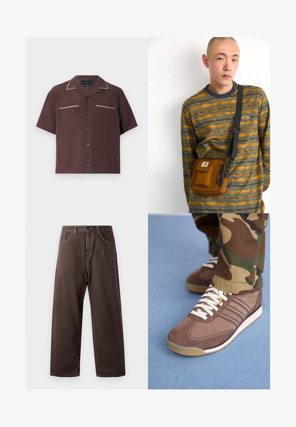Kratka smeđa košulja s kratkim rukavima od glatkog materijala s bijelim obrubom oko ovratnika i džepova, s dva džepa na prsima i crnim dugmadima.; Smeđe široke hlače od pamuka, s klasičnim dizajnom s pet džepova, patentnim zatvaračem i vidljivim šavovima.; Smeđe nubuk tenisice s bijelim vezicama i svijetlim detaljima, s tri pruge sa strane i teksturiranom gumenom potplatom.; Smeđi platneni crossbody torba sa zatvaračem i prednjim džepom; nosi se preko sivo-narančaste prugaste košulje dugih rukava s logotipom.