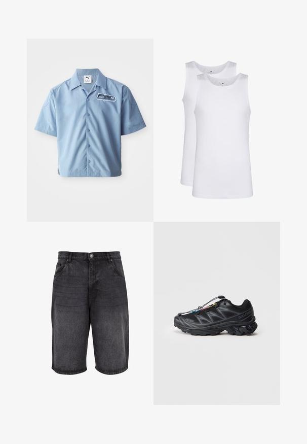 Vaaleansininen lyhythihainen napitettava paita, joka on valmistettu sileästä kankaasta. Vasemmassa rinnassa on mustavalkoinen Puma-logo. Klassinen kaulustyyli.; Valkoiset puuvillaiset hihattomat topit, pyöreä pääntie, yksinkertainen kuvio, pehmeä ja kevyt kangas. Kaksi kappaletta esillä.; Mustat farkkushortsit, joissa on rento leikkaus, viisi taskua ja nappikiinnitys. Kankaan pinta on sileä ja siinä on hienovarainen kuluminen.; Musta urheilukengä, jossa on teksturoitu verkkopinta, vahvistettu kärki ja nopea nauhakiinnitys. Ominaisuuksiin kuuluu kestävä pohja ja vähäinen kantakorkeus.