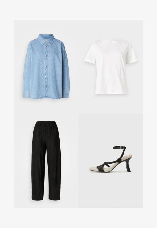 Light blue denim shirt with a button-up front, spread collar, and long sleeves, featuring metal buttons and a relaxed fit design.; White cotton t-shirt with short sleeves, round neckline, and a relaxed fit. Smooth texture, no patterns or accents, minimalistic design.; Black pleated wide-leg pants with an elastic waistband. The fabric features vertical pleats and a smooth texture.; Black heeled sandal with braided strap design, square toe, and adjustable ankle strap. Light beige footbed with a glossy black heel.
