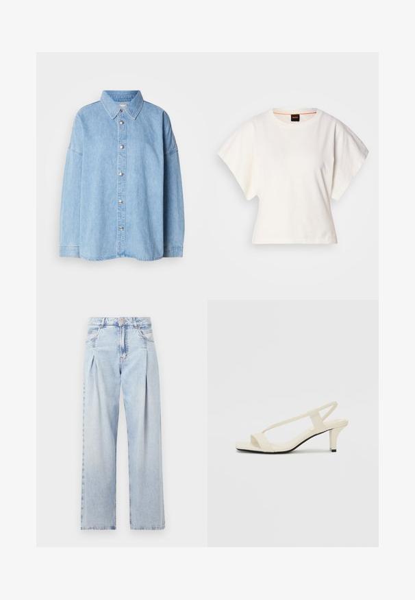Gaišzilā denima krekls ar pogājamu priekšpusi, izkliedētu apkakli un garām piedurknēm, ar metāla pogām un brīvu piegriezumu.; Balts īsais T-krekls, plašas īsas piedurknes, mīksts kokvilnas materiāls, apaļa kakla izgriezums ar delikātu oranžu apdari, minimāls dizains, bez rakstiem vai grafikām.; Gaiši zilas džinsu bikses ar augstu jostasvietu, plats kāju griezumu, divām sānu kabatām un krokotā dizaina akcentiem. Mīksta tekstūra ar izdilušu apdari.; Beige bloku papēžu sandales ar plānām siksnām un kvadrāta formas purngalu. Gluda materiāla virsma ar minimālām detaļām, paredzētas ērtai nēsāšanai.