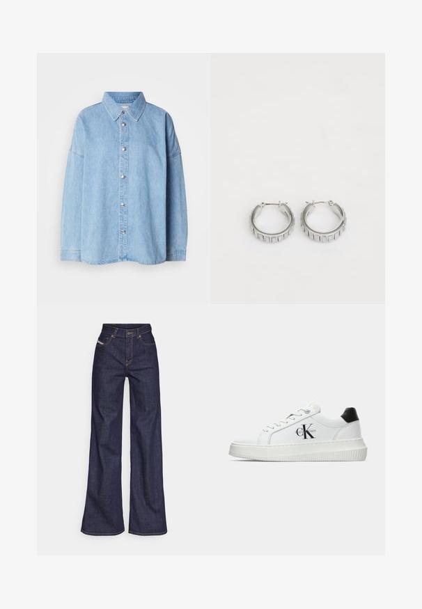 Lys blå denimskjorte med knaplukning foran, spredt krave og lange ærmer, der har metalknapper og en afslappet pasform.; Mørkeblå bredbenede jeans i denimstof med høj talje, prydet med orange stikninger, fem-lomme design og knaplukning.; Hvide lavtoppede sneakers med sort hælkænke, platformssål, snørebånd og Calvin Klein "CK" logo på siden.; Sølv hoop øreringe med et struktureret design, der har lodrette riller. Cirkelformede med en sikker lås. Glat finish.