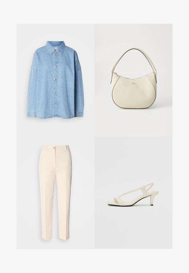 Jasnoniebieska koszula dżinsowa z guzikami z przodu, rozkładanym kołnierzem i długimi rękawami, z metalowymi guzikami i luźnym krojem.; Kremowe, wysokie spodnie wykonane z teksturowanej tkaniny. Posiadają zapięcie na guzik z przodu oraz zwężające się nogawki.; Beżowe sandały na blokowym obcasie z cienkimi ramiączkami i kwadratowym noskiem. Gładki materiał z minimalną ilością detali, zaprojektowane z myślą o łatwym zakładaniu.; Kremowa torebka o teksturowanym wykończeniu, zaokrąglonym kształcie, krótkim uchwycie i złotym logo. Zamek błyskawiczny na górze.