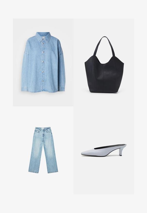 Light blue denim shirt with a button-up front, spread collar, and long sleeves, featuring metal buttons and a relaxed fit design.; Light blue denim wide-leg jeans with a high waist, featuring a faded wash and small, scattered distressed details throughout.; Light blue patent leather mule with a pointed toe, low transparent heel, and a sleek design featuring a cut-out at the vamp.; Black tote bag made of smooth leather, featuring a curved, open top with two shoulder straps and a minimalist design.