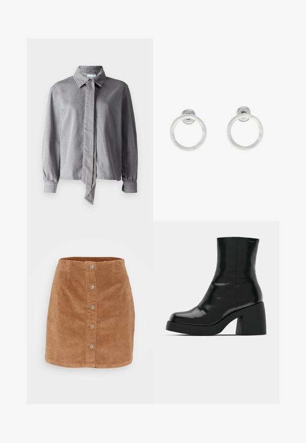 Siva srajca s kragnico in vezanjem spredaj, izdelana iz teksturirane tkanine, s dolgimi rokavi, gumbastimi manšetami in ravnim krojem.; Mini krilo iz korduroja v svetlo rjavi barvi z gumbnimi zapenjanjem spredaj, sedmimi srebrnimi gumbi in teksturirano, rebrasto tkanino.; Črne gležnjarje z sijajno površino, kvadratnim nosom in debelim blokskim peto. Oblikovanje izstopa s brezšivno silhueto in minimalnim logotipiranjem.; Srebrni kovinski obročasti uhani z brušenjem, s krožno obliko in prozornim zatičem za varno nošenje.