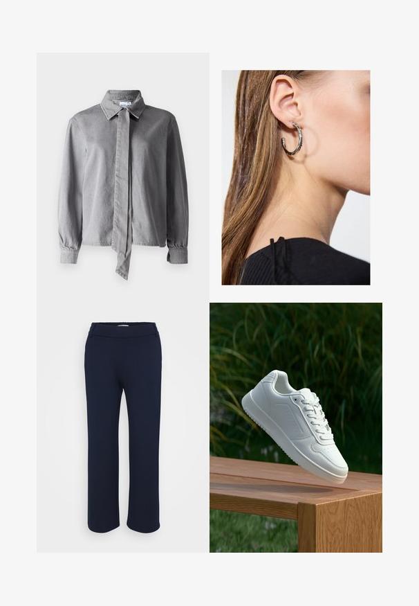 Harmaa kauluspaita, jossa on solmio edessä, valmistettu teksturoidusta kankaasta. Paidassa on pitkät hihansuut, nappihihansuut ja suora leikkaus.; Even&Odd Petite 2 PACK - Toppi - light grey/black; Tummansinisen suorat housut, jotka on valmistettu joustavasta kankaasta. Housuissa on litteä vyötärö ja kaksi sivutaskua käytännöllisyyden vuoksi.; Valkoiset tennarit, joissa on sileä synteettinen päällinen, rei'itetty varvasosa, litteät nauhat ja teksturoitu pohja, esillä puupinnalla.; Hopea renkaankorvakoru kiiltävällä pinnalla, jossa on pieniä kultaisia yksityiskohtia ja pyöreä muoto, käytetty korvalla.