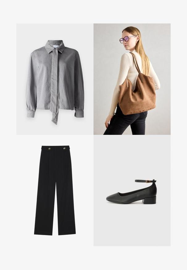 Camisa cinza de colarinho com um nó à frente, feita de tecido texturizado, com mangas longas, punhos com botão e corte reto.; Calças largas pretas com cintura alta, detalhes em botão na cintura e pregas frontais.; Sandal de pele preta com bico pontiagudo e um salto bloco baixo. Apresenta uma tira no tornozelo com uma fivela em tom dourado. Textura suave.; Bolsa tote em camurça castanha com textura suave, grande abertura e alças longas. Apresenta um design simples com costuras visíveis e sem acessórios.