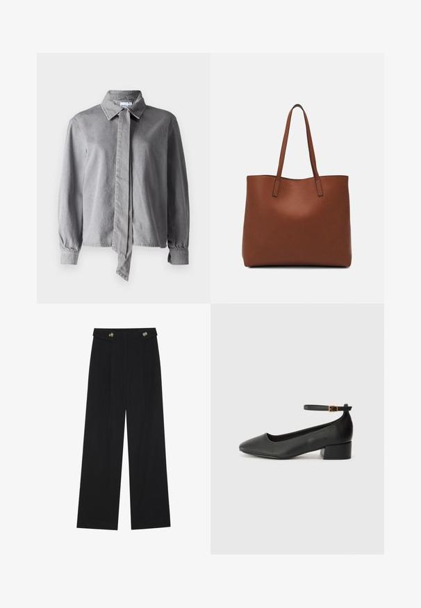 Sivá košeľa s golierom a kravatou vpredu, vyrobená z texturovanej tkaniny, s dlhými rukávmi, gombíkovými manžetami a rovnými strihom.; Čierne široké nohavice s vysokým pásom, so zapínaním na gombíky na páse a prednými sklady.; Čierne kožené lodičky s špicatou špičkou a nízkym blokovým podpätkom. Obsahuje remienok okolo členka so zlatým prackou. Hladký povrch.; Hnedá kožená taška na rameno s hladkou textúrou, otvoreným vrchom a dvoma ramenými popruhmi. Má minimálne šitia a žiadne viditeľné kovania.