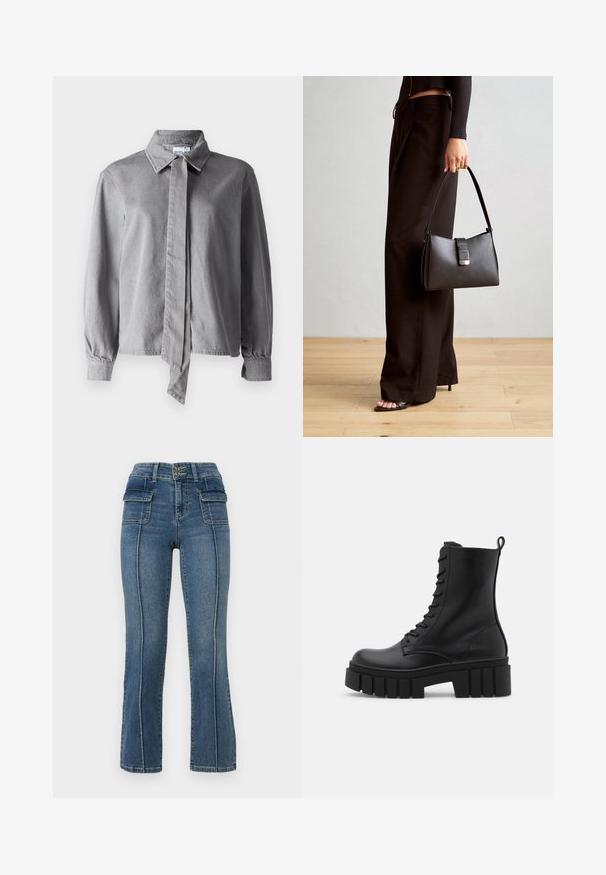 Cămașă gri cu guler și cravată în față, confecționată dintr-un material texturat, având mâneci lungi, manșete cu nasturi și croială dreaptă.; ONLY Petite ONLWAUW MID WAIST FLARED - Blugi evazați - medium blue denim; Botine negre din piele cu talpă masivă și zimțată, cu sistem de șireturi și cârlig pentru tragere, pe fundal alb. ; Genți negre cu o formă structurată, textură netedă și un închizător metalic. Asortată cu pantaloni negri largi și sandale cu vârf deschis pe un podea din lemn.; Cercei creole din argint cu suprafață netedă și lucioasă, având o formă curbată și închidere cu tija. Design minimalist cu un finisaj modern.