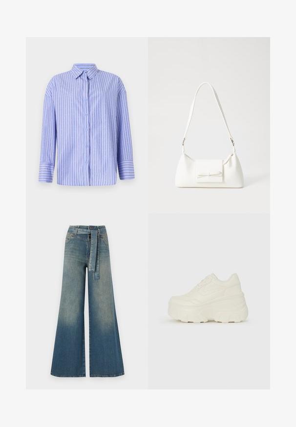 Svetlo modra srajca s kratkimi rokavi, navpičnimi črtami in pikčastimi poudarki. Ima ovratnik, dolge rokave in ravno krojitev. Mehka tkanina.; Široke jeans hlače z gradientom od svetlo do temno modre, visokim pasom, zankami za pas in pasom iz istega materiala. Tekstura denim končnica.; Bele platformske tene z belim zgornjim delom, ki spominja na usnje, okroglo obliko, oblazinjen ovratnik ter gumo z teksturo na podplatu z izrazitimi profili.; Bela sintetična torbica v obliki trikotnika, z ravnim sprednjim poklopcem in detajlom mašne, nastavljivim trakom, gladko teksturo in minimalističnim dizajnom.