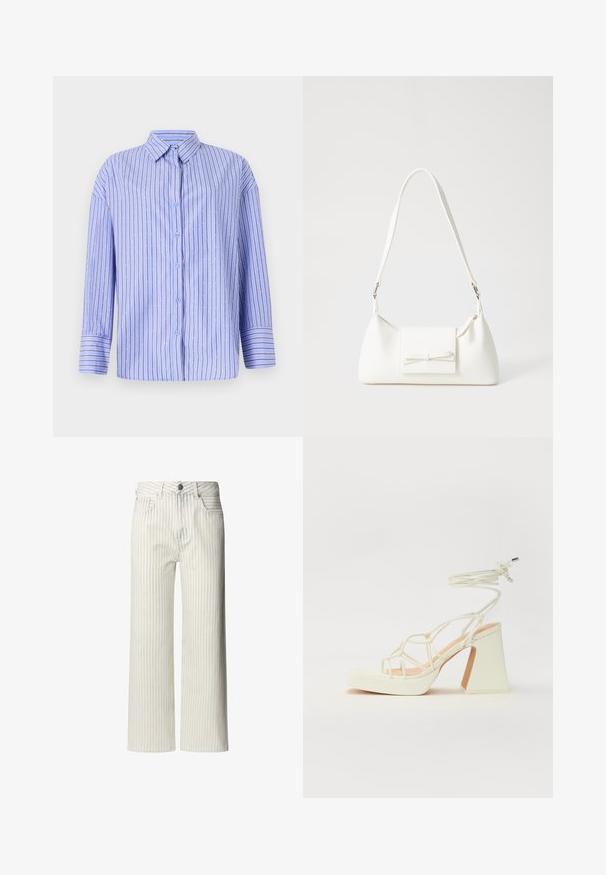 Lichtblauwe button-up shirt met verticale strepen en stippenaccenten. Heeft een kraag, lange mouwen en een rechte snit. Zachte stof.; Lichtgekleurde broek met wijde pijpen en verticale strepen, gemaakt van katoen. Voorzien van een knoopsluiting en riemlussen.; Witte hoge hakken sandaal met een chunky hak, met een bandjesontwerp en enkelband. Gladde textuur met een plateau voor extra hoogte.; Witte synthetische handtas met een driehoekige vorm, platte voorklep en strikdetail, verstelbare schouderriem, gladde textuur en minimalistisch ontwerp.