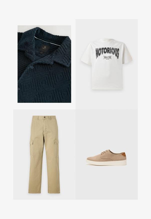 Donkerblauwe textuurhemd met een geometrisch patroon, voorzien van een spread collar, twee knopen en een merklabel op de hals.; Witte katoenen T-shirt met korte mouwen, voorzien van grote zwarte "NOTORIOUS" grafische tekst en het ontwerp "WORLD TOUR 1990" eronder in verweerd druk.; Beige cargobroek van katoen, met twee zijzakken, een knoopsluiting en rechte pijpen van een licht gestructureerde stof.; Beige suède sneakers met een ronde neus, vetersluiting aan de voorkant en een getextureerde achteraccent. De witte rubberen zool zorgt voor contrast. Eenvoudig en modern ontwerp.