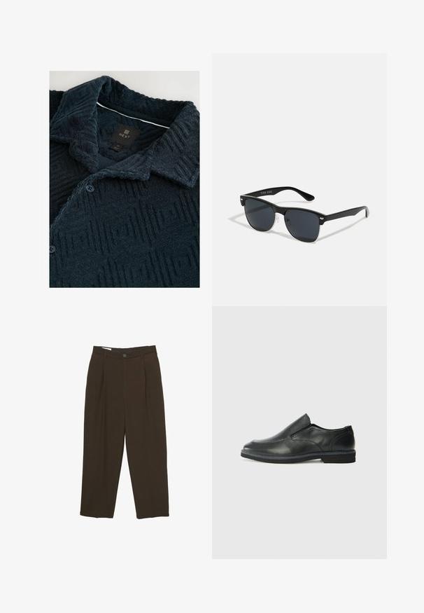 Camicia blu navy con texture e motivo geometrico, dotata di colletto aperto, due bottoni e etichetta del marchio sul collo.; Pantaloni sartoriali marrone scuro con pinces frontali, passanti per cintura e chiusura a bottone in vita.; Scarpa nera in pelle con inserto scivolare, superiore liscio, dettagli cuciti, punta arrotondata e tacco in gomma basso. La suola presenta un battistrada minimale.; Occhiali da sole neri con forma rettangolare, lenti scure, dettagli in argento alle tempie e finitura opaca sulla montatura.