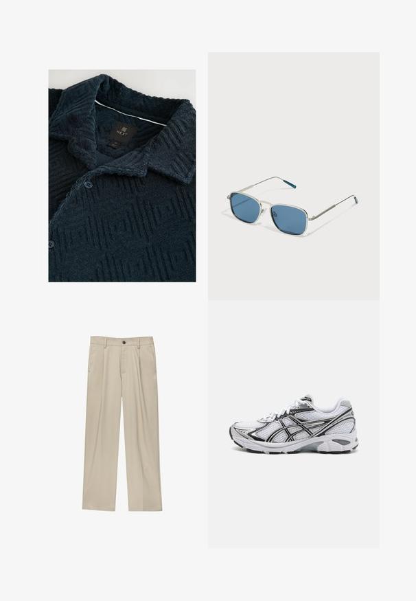 Granatowa, teksturowana koszula z geometrycznym wzorem, z kołnierzykiem rozłożonym, dwoma guzikami oraz metką marki na dekolcie.; Beżowe spodnie o prostym kroju, z pojedynczym czarnym guzikiem, szlufkami na pasek oraz bocznymi kieszeniami. Gładka faktura materiału i minimalistyczny design.; Białe buty sportowe z siateczkową cholewką, czarnymi akcentami i srebrnymi detalami. Posiadają amortyzowaną podeszwę oraz sznurowany krój dla lepszego wsparcia.; Okulary przeciwsłoneczne z srebrną metalową oprawką, prostokątnymi niebieskimi szkłami i cienkimi ramionami. Posiadają niebieskie akcenty na końcówkach zauszników.