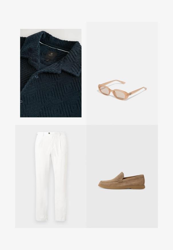 Camisa texturizada azul marino con un patrón geométrico, que presenta un cuello extendido, dos botones y una etiqueta de marca en el escote.; Pantalones blancos con un frente plano, dos pinzas y cierre de botón. Están hechos de una tela ligera, cuentan con piernas rectas y puños enrollados.; Mocasines de ante marrón sin cordones con una textura suave y detalles de costura; cuentan con una suela de goma para mayor tracción.; Gafas de sol con un marco transparente de color marrón claro, lentes ovalados y varillas delgadas que presentan un sutil logo grabado. Acabado mate con un diseño minimalista.