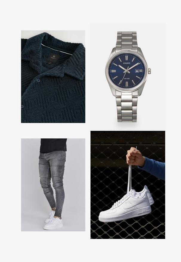 Dunkelblaues gemustertes Hemd mit geometrischem Muster, ausgestattet mit einem Kentkragen, zwei Knöpfen und einem Markenlabel am Hals.; Schlanke Jeans aus ausgebleichtem grauem Denim, mit abgenutzten Details an den Knien, kombiniert mit weißen Sneakers. Glatte Textur, schlanker Schnitt.; Weiße Leder-Sneaker mit Perforationen, runder Zehenpartie, flacher Sohle und dicken Schnürsenkeln, mit sichtbar eingesticktem Swoosh-Logo und "AIR" an der Ferse.; Silberner Armbanduhr aus Edelstahl mit einem dunkelblauen Zifferblatt, metallischen Stundenmarkierungen und einem Datumsfenster bei 3 Uhr. Wasserdicht bis 50 Meter.