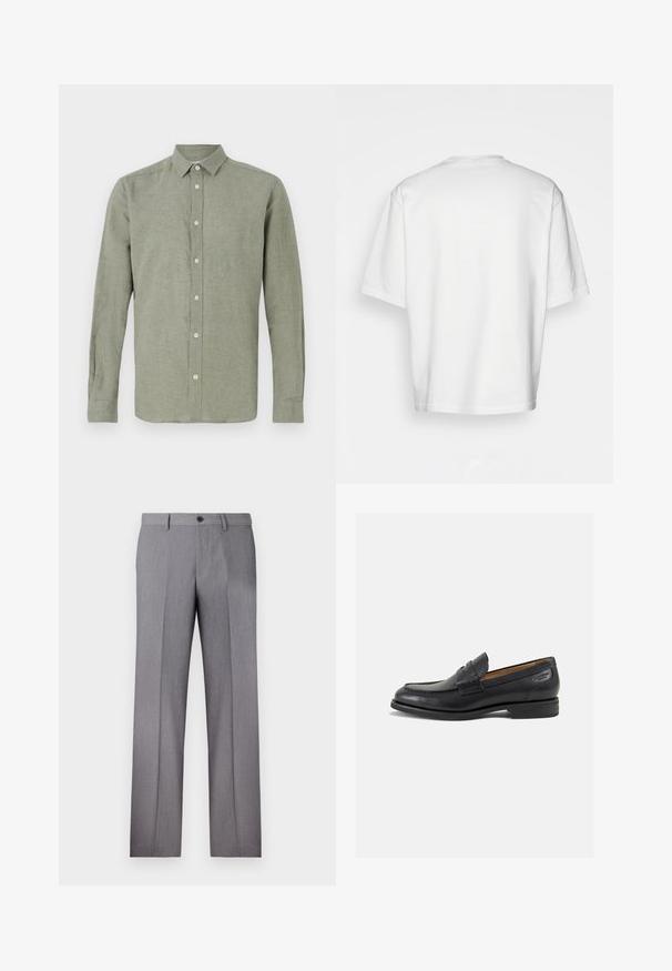 Hosszú ujjú, galléros ing világoszöld színben, texturált anyagból készült, teljes gombos záródással és egyenes aljjal.; Fehér, rövidujjú póló, laza szabással, kerek dekoltázzsal, sima pamut anyagból, díszítés nélküli hátrésszel, egyenes szegéllyel, minta és kiegészítők nélkül.; Szürke, szabott nadrág lapos elülső résszel, két oldalsó zsebbel és egy gombos zárral. Simább textúra finom csíkos mintával.; Fekete bőr loaferek sima felülettel, lekerekített orral és díszítő varrással a lábfejen. Alacsony, réteges sarkú és enyhe fényű.