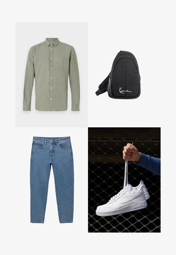 Chemise à manches longues, à col, de couleur vert clair, fabriquée en tissu texturé, dotée d'une fermeture à boutons sur toute la longueur et d'un ourlet droit.; Jean en denim bleu avec une coupe droite, cinq poches et une fermeture éclair. Caractéristiques de surpiqûres visibles et d'une texture délavée.; Baskets en cuir blanc avec perforations, à bout rond, semelle plate et lacets épais, arborant un logo swoosh visible et "AIR" sur le talon.; Sac à dos en toile noire avec une texture lisse, arborant un design courbé, un compartiment zippé et un logo blanc sur le devant.