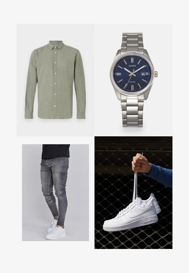 Long-sleeve, collared shirt in light green, made from textured fabric, featuring a full button closure and a straight hem.; Skinny jeans in faded gray denim, featuring distressed details at the knees, paired with white sneakers. Smooth texture, slim fit design.; White leather sneakers with perforations, round toe, flat sole, and thick laces, featuring a visible swoosh logo and "AIR" on the heel.; Silver stainless steel wristwatch with a navy blue dial, metallic hour markers, and a date window at 3 o'clock. Water-resistant to 50 meters.