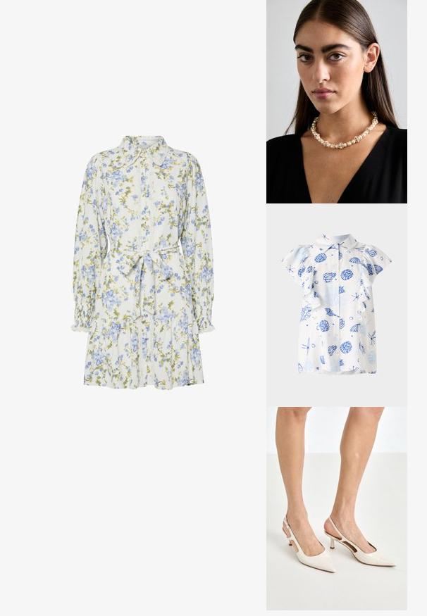 Hvid kortærmet skjorte med et blåt muslingemønster, knapfront og rynkede ærmer. Lavet af letvægts bomuldsstof.; Blomsterkjole i hvid med blå og grønne blomster, med krave, knaplukning foran, lange ærmer med elastiske manchetter og et bånd i taljen.; Beige patenterede læder slingback hæle med spids tå og 5 cm hæl, med udskårne sider og en tynd ankelrem.; Beige mønsteret taske med en buet form, læderdetaljer og et guldtonet logo på fronten. Har et kort håndtag for nem bæring.; Perle- og krystalhalskæde med et rundt, perlekantet design i lyse nuancer, der præsenterer skiftevis perler og glitrende detaljer, båret om halsen.