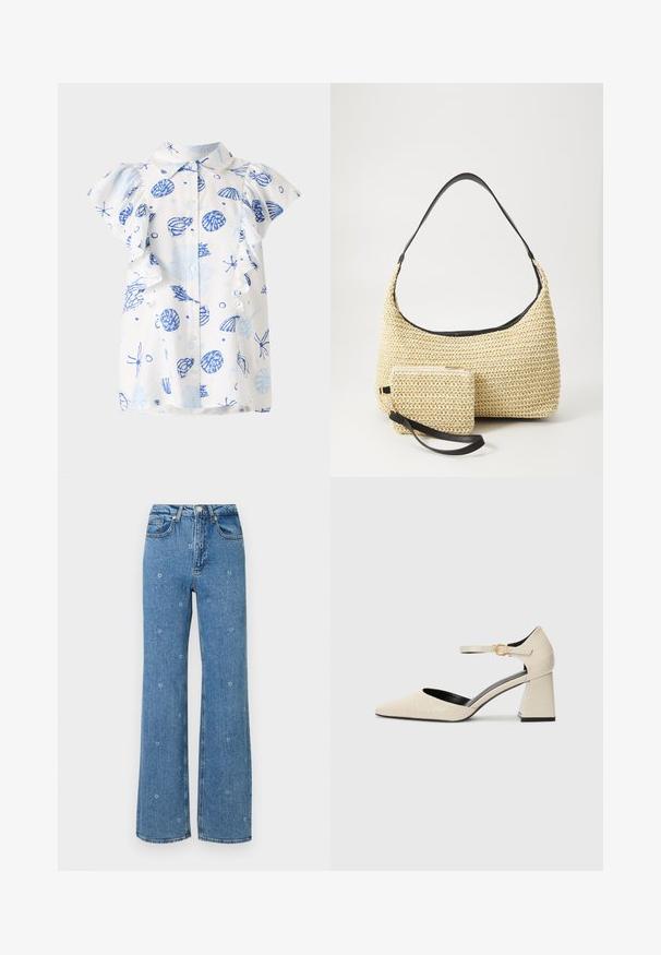 White short-sleeve shirt featuring a blue seashell pattern, button front, and ruffled sleeves. Made from lightweight cotton fabric.; Blue high-waist straight-leg jeans with small white floral embroidery scattered across the fabric.; Beige faux leather block-heeled shoes with a pointed toe, ankle strap, and subtle crocodile texture detailing. Black inner lining.; Woven straw handbag with a curved silhouette, featuring a smooth black leather strap and a matching small pouch attached by a wrist strap.