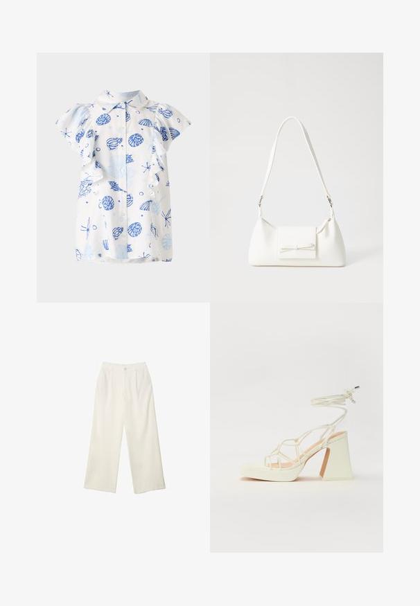 Hvid kortærmet skjorte med et blåt muslingemønster, knapfront og rynkede ærmer. Lavet af letvægts bomuldsstof.; Bredde bukser i cremefarvet stof med en glat tekstur, der har en enkelt knap foran, diskrete folder og design med høj talje.; Hvide højhælede sandaler med en kraftig hæl, der har et stropdesign og ankelbinding. Glat tekstur med en platform foran for ekstra højde.; Hvid syntetisk håndtaske med en trekantet form, flad forsideklap og sløjfedetalje, justerbar strop, glat tekstur og minimalistisk design.