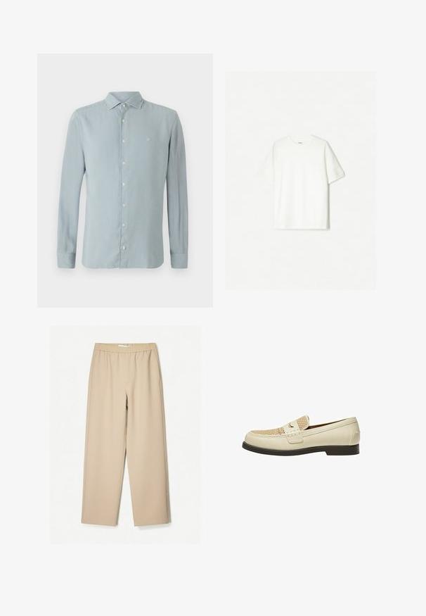 Světle modrá košile s dlouhým rukávem vyrobená z měkké látky. Obsahuje špičatý límec, zapínání na knoflíky a malé vyšívané logo na hrudi.; Bílý krátký rukáv tričko vyrobené z měkké bavlny. Design s kulatým výstřihem a uvolněným střihem, bez viditelných log nebo vzorů.; Beige kalhoty širokého střihu s elastickým pasem, vyrobené z měkké tkaniny, s hladkým povrchem a minimálním počtem švů.; Béžové kožené mokasíny s tkaným detailem na špičce a plochou hnědou podrážkou. Obsahují dekorativní pásku přes přední část.