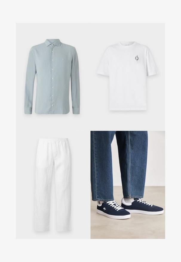 Light blue long-sleeve shirt made of soft fabric. Features a pointed collar, button front, and a small embroidered logo on the chest.; White cotton t-shirt with a relaxed fit, featuring a small black graphic logo on the left chest area. Short sleeves, crew neck style.; White linen pants featuring an elastic waistband, straight-leg fit, and soft texture with no visible patterns or hardware details.; Blue canvas sneakers with white laces and rubber soles, displayed with denim trousers and grey ribbed socks, on a light grey surface.
