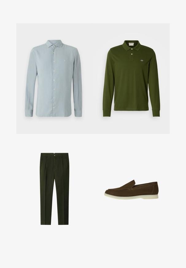 Svetlo modra srajca z dolgimi rokavi, izdelana iz mehkega materiala. Ima ostri ovratnik, sprednje zakopčavanje in majhno vezeno skrivnost na prsih.; Zelena polo majica z dolgimi rokavi in ovratnikom, z dvojnim gumbom na sprednji strani ter majhnim logotipom na levem prsnem delu. Gladek bombažni material.; Temno zelene hlače s ravnim krojem, z gumbom za zapiranje, stranskima žepoma in gladko teksturo tkanine. Čist, krojen dizajn.; Rjavi semiš model brez vezalk z zaobljenim nosom, kremnimi gumijastimi podplati in minimalnimi šivi na zgornjem delu.