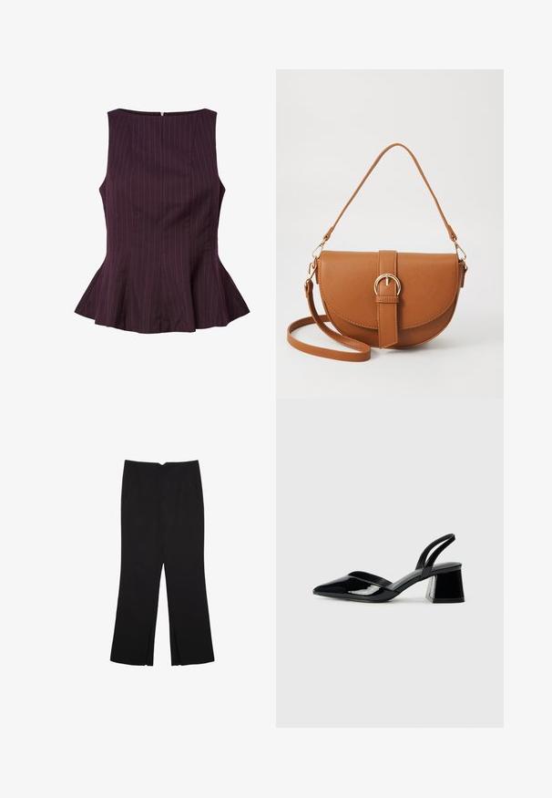 Ciglasti peplum top s vertikalnim prugama, bez rukava, sa okruglim izrezom i zatvaranjem na zipu na leđima. Prilagođeni kroj s lepršavim rubom.; Crne hlače ravnog kroja, s prednjim džepovima i bočnim prorezima na rubu. Izrađene od mekog i glatkog materijala. Pogodne za razne prigode.; Crne lakirane kožne sandale s otvorenom petom i špicastim vrhom, s geometrijskom blok petom. Imaju elegantan, minimalistički dizajn i glatku teksturu.; Smeđa kožna torba preko tijela s zakrivljenim oblikom, zlatnim metalnim detaljima i naglaskom na kopču. Ima odvojivu naramenicu.