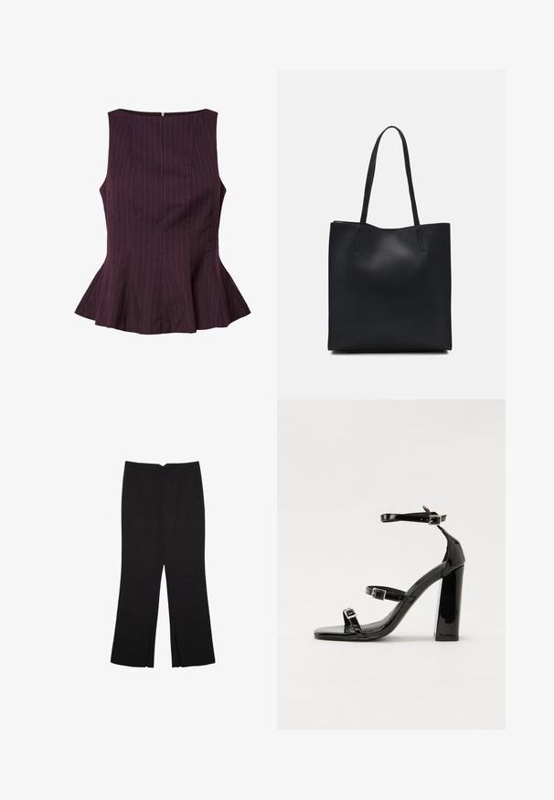 Slivkový peplum top s vertikálnymi prúžkami, bez rukávov, okrúhlym výstrihom a zipsom na zadnej strane. Strih s úzkym pásom a rozšíreným lemom.; Čierne nohavice so strihom rovného strihu, s prednými vreckami a bočnými rozparkami na leme. Vyrobené z mäkkej, hladkej tkaniny. Vhodné na rôzne príležitosti.; Čierne lakované sandále na podpätku so štvorcovou špičkou, navlečenými remienkami okolo členku a striebornými prackami. Disponujú masívnym blokovým podpätkom pre stabilitu.; Čierna kožená taška na rameno s hladkým povrchom, obdĺžnikovým tvarom a dvoma dlhými uchami. Bez viditeľného kovania alebo ozdôb.