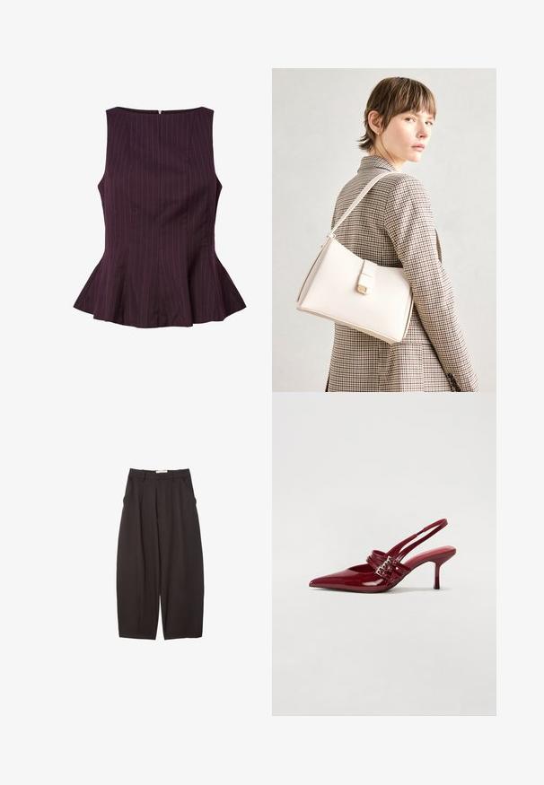 Pflaumenfarbener Peplum-Top mit vertikalen Streifen, ärmellosem Design, rundem Halsausschnitt und Reißverschluss im Rücken. Maßgeschneiderte Passform mit ausgestelltem Saum.; Schwarze weit geschnittene Hosen aus einem glatten Stoff, mit hoher Taille, Frontfalten und Seitentaschen. Schlichtes Design ohne Verzierungen.; Rote Lackleder Slingback-Absätze mit spitzem Zeh, zwei Schnallenriemen und einem schlanken, mittelhohen Stiletto-Absatz. Glatte Textur.; Weiße Lederhandtasche mit strukturiertem Design, ausgestattet mit einem Magnetverschluss und einem Schulterriemen, präsentiert vor einem neutralen Hintergrund.