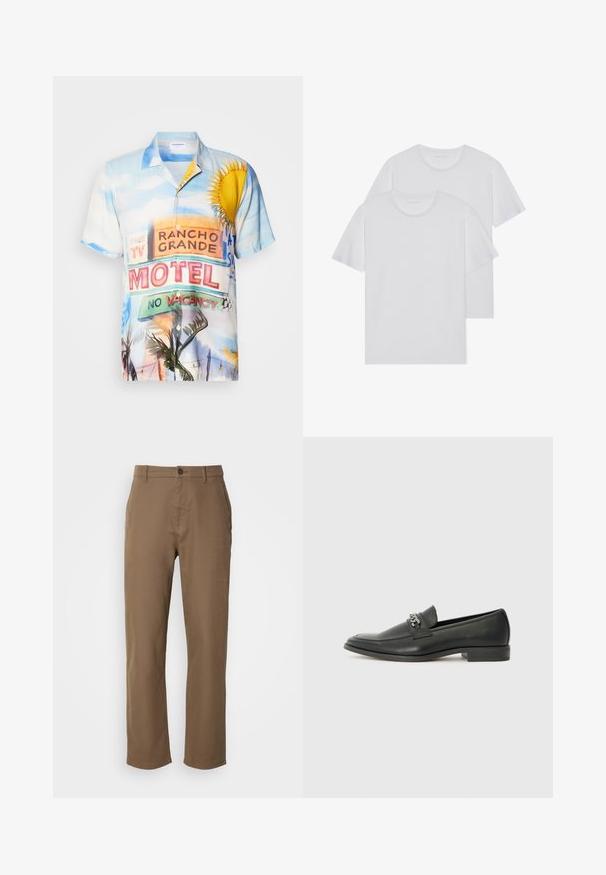 Kratek rokav s s button-up srajco, ki prikazuje barvito zasnovo znaka motela v modrih, rumenih in zelenih odtenkih, narejeno iz lahkotnega materiala.; Dve bele bombažne majice s krožnim ovratnikom, kratkimi rokavi in mehkimi teksturami. Obe sta enobarvni, brez vidnih vzorcev ali dodatkov.; Rjave bombažne hlače s ravnim krojem, gumbom za zapiranje in stranskimi žepi. Imajo gladko teksturo in enostaven, neokrasen dizajn.; Črni usnjeni loafer z gladko površino, ki ima šivano zasnovo in dekorativni kovinski verižni naglas preko vampirja. Ravno peto.