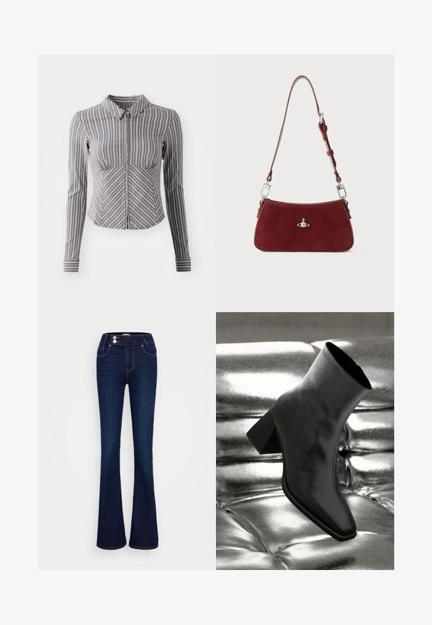 Grå langermet skjorte med vertikale hvite striper, krage og glidelås foran. Har en tettsittende design og buet bunnkant.; Mørkeblå vide jeans med høy midje, to frontlommer og to knappestenger. Laget av denim med en jevn tekstur.; Sorte ankelstøvler laget av blankt materiale med firkantet tå og avsmalnende hæl, plassert mot en glinsende sølvfarget tuftet bakgrunn.; Rød semsket skulderveske med buet form. Har sølvfargede akenter og justerbar stropp med detaljer i metall. Glatt tekstur.