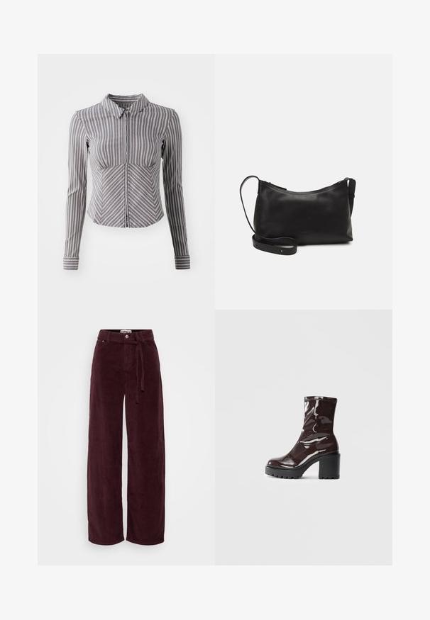 Camisa cinza de manga longa com riscas brancas verticais, gola com colarinho e frente com fecho de zipper. Apresenta um design ajustado e barra inferior arredondada.; Calças largas de cordura em bordeaux com cintura elástica ajustável, botão frontal e dois bolsos laterais em um tecido suave e texturizado.; Bota de tornozelo burgundy brilhante com um salto preto robusto, apresentando uma textura suave e um design simples. Sem fechos ou padrões visíveis.; Bolsa de ombro em pele preta com textura suave, forma curva, alça ajustável e fecho com zip. Design minimalista sem adornos.