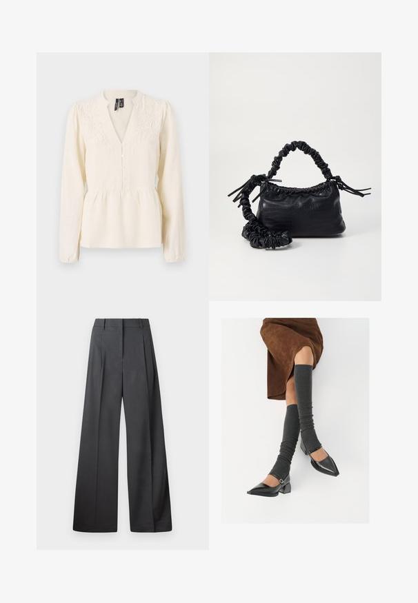 Cream-colored blouse with long sleeves, a V-neck, button front, and floral embroidery detailing on the shoulders and chest area.; Wide-leg trousers in dark gray fabric, featuring a high waist, single pleats, and a smooth texture with a clean finish at the hems.; Black patent leather pointed-toe shoes with a block heel and ankle strap, paired with gray ribbed leg warmers and a brown suede skirt.; Black faux leather handbag with a crocodile texture, cinched top, and a scrunched strap. Appears soft and compact in design.