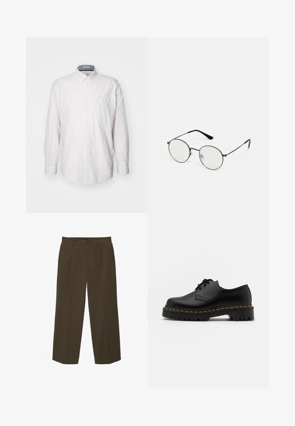 Svetlý dlhý rukáv s tenkými vertikálnymi pruhmi. Obsahuje golier na gombíky a náprsné vrecko. Vyrobené z textúrovanej látky.; Hnedé, voľné nohavice vyrobené z mäkkej tkaniny s plochým predným dielom, bočnými vreckami a gombíkovým zapínaním v páse. Jednoduchý dizajn bez vzorov.; Čierna kožená šnurovacia topánka s okrúhlou špičkou, štruktúrovanou gumovou podrážkou a žltým prešitím okolo základne. Plný dizajn a hladký povrch.; Okrúhle kovové okuliare s tenkými čiernymi rámami, priehľadnými sklami a plastovými koncovkami na ramienkach. Minimalistický dizajn s jemnými detailmi na hardvéri.