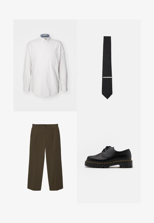 Világos színű, hosszú ujjú ing vékony függőleges csíkokkal. Gombos gallérral és mellzsebbel rendelkezik. Texturált anyagból készült.; Barna, laza szabású nadrág puha anyagból, sima elülső rész, oldalsó zsebek és gombos derékzárás. Egyszerű dizájn minta nélkül.; Fekete bőr, fűzős cipő lekerekített orral, texturált gumitalppal és sárga varrással az alján. Lapos design és sima felület.; Simára készült fekete nyakkendő, keskeny szélességgel, ezüst nyakkendőcsipesz díszíti.