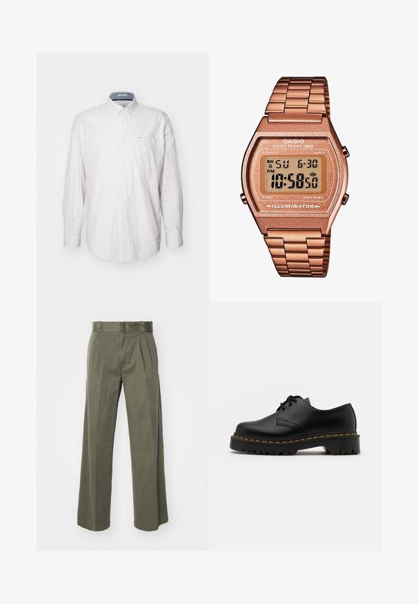 Jasny, długorękawowy koszula w cienkie pionowe paski. Posiada kołnierzyk zapinany na guziki oraz kieszeń na piersi. Wykonana z teksturowanej tkaniny.; Oliwkowe spodnie z luźnym, szerokim krojem i plisami z przodu. Wykonane z fakturowanej tkaniny, z klasycznym pasem i bez widocznych elementów metalowych.; Czarne skórzane buty na sznurówki z zaokrąglonym noskiem, teksturowaną gumową podeszwą i żółtym przeszyciem wokół podstawy. Płaski design i gładkie wykończenie.; Cyfrowy zegarek Casio z różowo-złotą metalową bransoletą, prostokątną kopertą, podświetlanym wyświetlaczem i wodoodpornością, pokazujący czas i datę.