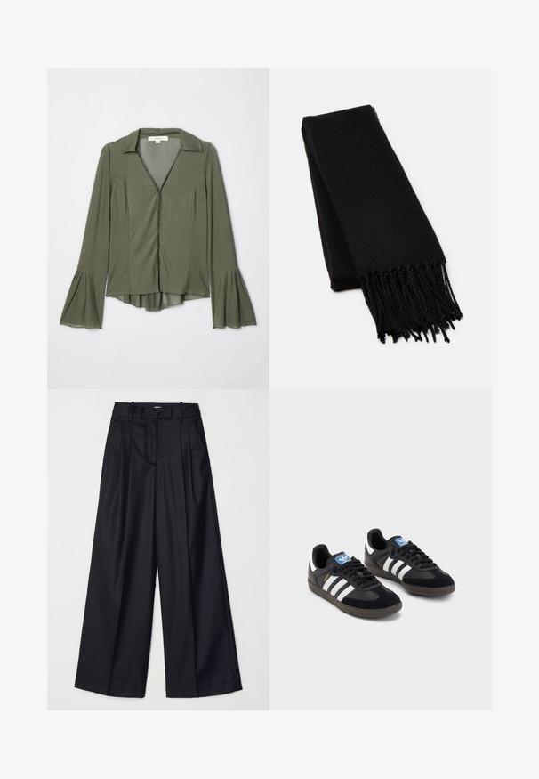 Bluză verde măslinie cu mâneci lungi, închidere cu fermoar, guler și mâneci evazate. Material moale cu un siluetă fluidă și un luciu subtil.; Pantaloni negri cu picioare late, confecționați dintr-un material neted, având talie înaltă, plii și un design croitorie. Accesorii simple negre la talie.; Tenisi negri cu superior din suede și sintetic, având trei dungi albe, talpă din cauciuc texturat și etichetă albastră cu logo pe limbă.; Fular negru dintr-un material moale, texturat. Are margini desfăcute și o formă rectangulară, fiind potrivit pentru a fi purtat la gât.