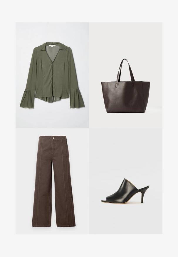 Oliivroheline pikapaistega pluus, lukuga, krae ja laienevad varrukad. Pehme kangas voolava siluetiga ja õrn sära.; Pruunid laiad püksid, mis on valmistatud siledast kangast, esipaneeli õmblustega ja ühekordse metallnupuga, mis kinnitab vöökohta.; Must musta avatud varbaga king, millel on sujuv ja kumer disain, kõrge stilettokõrgus ja sile tekstuur. Siseosa on kontrastse heleda värviga.; Tumepruun nahast kott kahe õlavarre rihmaga ja tekstuurse pinnaga, seistes valgel taustal.