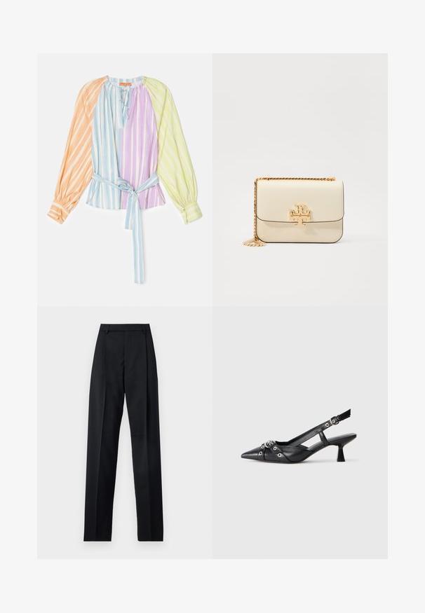 Gestreepte blouse met lange mouwen in oranje, blauw, paars en groen. Heeft een strik in de taille en geplooide details rond de halslijn.; Zwarte broek gemaakt van gladde stof met een hoge taille, wijde benen, voorplooien en klassieke ceintuurlussen. Geen zijzakken zichtbaar.; Zwarte leren slingback schoen met een puntige neus, decoratieve banden met metalen oogjes en een lage blokhak. Textuur oppervlak.; Crème lederen schoudertas met een gouden kettingriem, voorzien van een gouden logo-accent aan de voorkant en een strakke, elegante lijn.