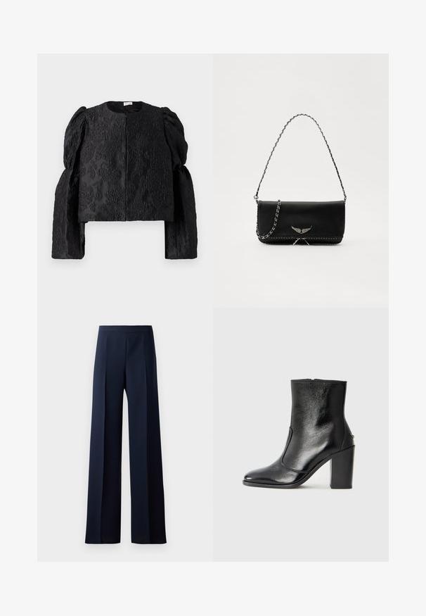 Melnā īsā jaka ar teksturētu ziedu rakstu, apaļu izgriezumu un apjomīgām garajām piedurknēm. Priekšējais aizdare bez redzamas aparatūras.; Platas kājas bikses tumši zilas auduma, ar gludu tekstūru, smalkiem priekšējiem krokām un saspringtu jostasvietu, kas nodrošina izsmalcinātu siluetu.; Melnas ādas potīšu zābaki ar gludu tekstūru, smailu purngalu un masīlu augstu papēdi. Iekļauts sānu atvērums un minimālistisks dizains.; Melnas ādas rokassomā ar sudraba ķēdes siksnu, kurai ir dekoratīvi spārnu akcenti un baltā šuvēšana apakšējā šuvē.