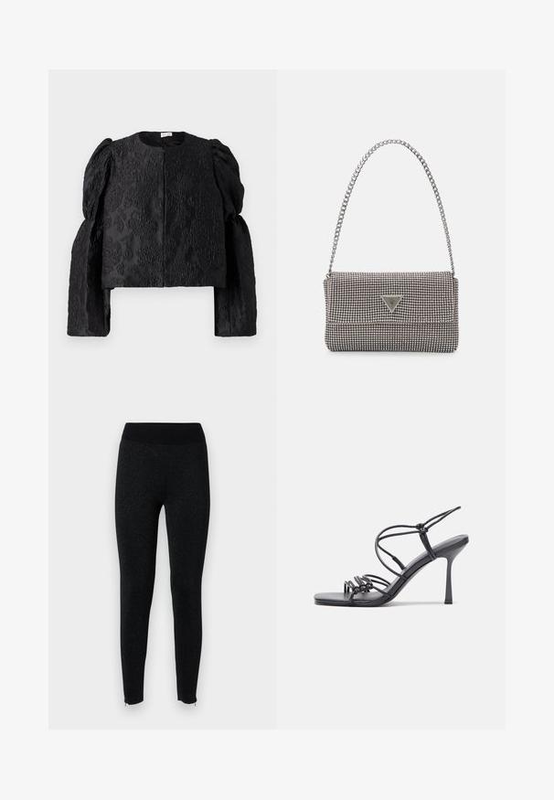 Sort cropped jakke med strikket blomster mønster, rund halsudskæring og voluminøse lange ærmer. Foran lukning uden synlig hardware.; Sorte leggings med en ribbet talje, lavet af tekstureret stof med en subtil metallisk glans, med lynlåse ved ankelkanterne.; Sorte højhælede sandaler med tynde stropper og en knyttet design, en glat firkantet tå og en slank stiletto hæl.; Lys grå metallisk håndtaske med kædestrop, dekoreret med små runde metalliske studs og et trekantet brandlogo.; Sølv hoop øreringe med en glat, skinnende overflade. Rundet form, letvægtsdesign med post-back lukning.