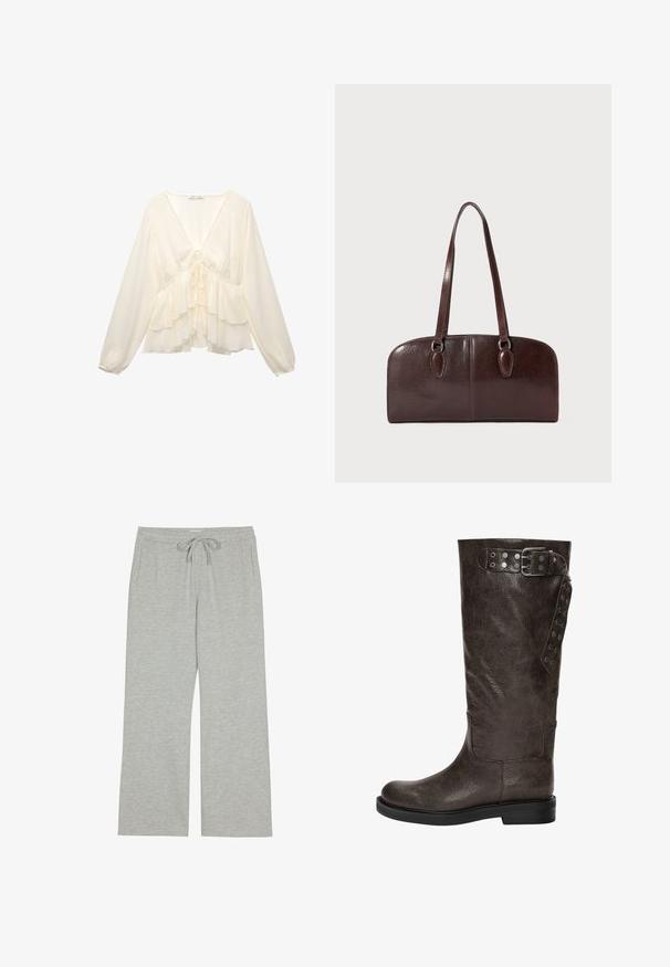 Blusa color crema con scollo a V, maniche lunghe a palloncino e rouches a strati all'orlo, con un dettaglio a cravatta sul retro centrale.; Top halter marrone con scollatura a V profonda e tessuto arricciato sul busto, abbinato a pantaloni cargo larghi grigio chiaro con lacci regolabili in vita.; Pantaloni tuta grigi chiari realizzati in un morbido tessuto testurizzato, con cintura regolabile e tasche laterali; vestibilità ampia e rilassata.; Stivale in pelle marrone fino al ginocchio con una finitura texturizzata, dotato di una fibbia e di dettagli a scatto laterali, e una suola di gomma piatta.; Borsa in pelle marrone con due manici lunghi, forma rettangolare strutturata, superficie liscia e angoli arrotondati. Presenta dettagli di accentuazione sui manici.