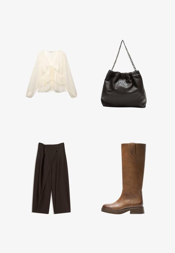 Kremasta bluzica z V-izrezom, dolgimi balonastimi rokavi in plastmi ruffled ob robu, s vezalnim detajlom na zadnji strani.; Temno rjave široke hlače z visokim pasom, ki imajo en gumb za zapiranje in zamaščen sprednji del. Narejene so iz lahkega blaga.; Bralne usnjene škornje do kolen z zaobljenim nosom, teksturirano površino in nizkim platiščem. Imajo stranski panel in zanko za poteg na vrhu.; Rjava usnjena torba z nabranim vrhom in verižnim trakom. Gladka tekstura z sijajno površino in subtilnimi šivi na straneh.
