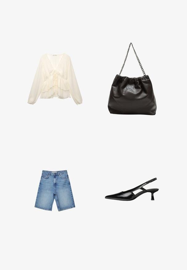 Brašnasto bijela bluzica s V-dekolteom, dugim balon rukavima i slojevitim volanima na rubu, te detaljem vezanja na sredini leđa.; Traperice kratke hlače u svijetloplavoj boji, s klasičnim dizajnom s pet džepova, zip zatvaračem i suptilnim izblijedjenjem. Ravnog kroja s porubljenim rubovima.; Crne lakirane natikače na remenčić sa špicastim nosom, dizajnom sa izrezima sa strane i malim kvadratnim potplatom. Glatka tekstura s minimalnim akcentima.; Smeđa kožna torba s naboranim vrhom i lančićem za nošenje. Glatka tekstura s sjajnim završetkom i suptilnim šavnim detaljima sa strane.