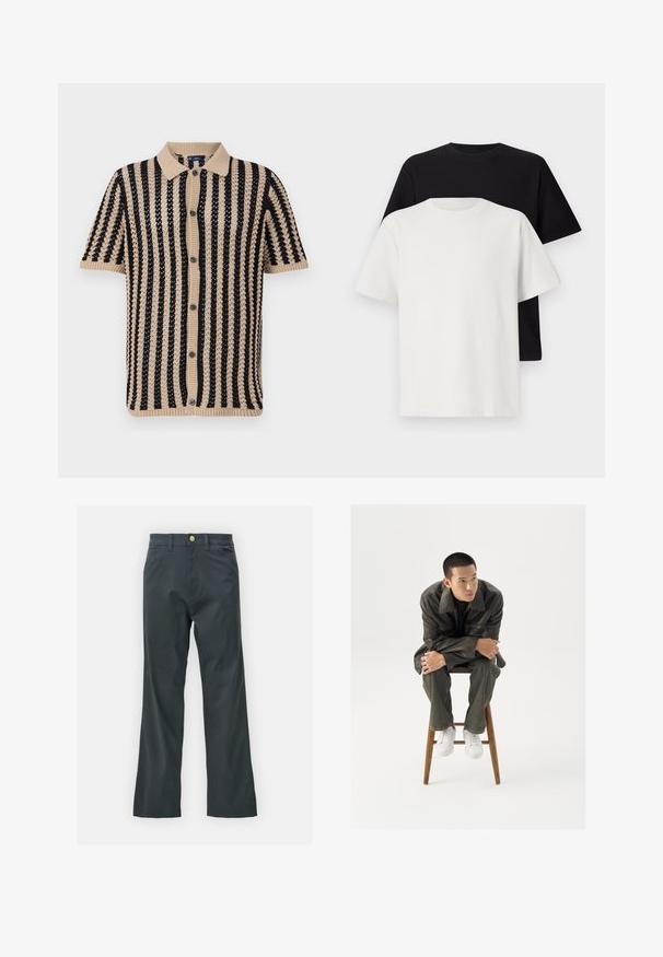 Beige és fekete színű, rövid ujjú kötött póló, függőleges csíkozással, bordázott gallérral és gombos elülső záródással. Texturált kötött anyag.; Pamut póló szett, amely egy fekete és egy fehér pólót tartalmaz, mindkettő rövid ujjú, környakú és normál fazonú. Texturált anyag.; Fekete nadrág egyenes szárú fazonban, pamut keverék anyagból készült. Fém gombos záródással és oldalsó zsebekkel rendelkezik. Nincs látható mintázat.; Barna bőrkabát széles gallérral, sötétzöld farmernadrággal és fehér sportcipőkkel párosítva. A modell egy fa széken ül.