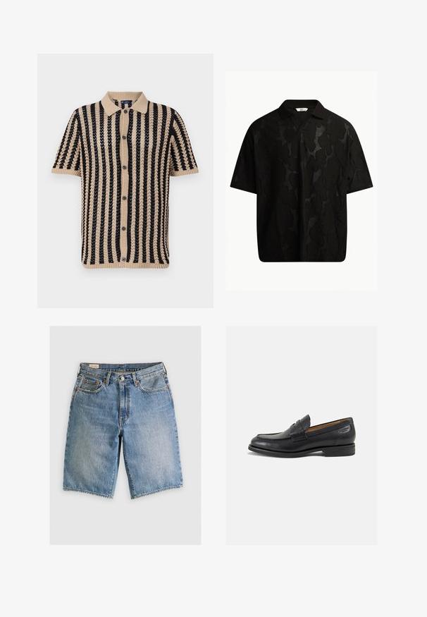 Bežinė ir juoda trumpomis rankovėmis megzta polo marškinėliai, dekoruoti vertikaliomis juostelėmis, su raukšlėta apykakle ir mygtukų uždarymu. Tekstūruota megzto audinio medžiaga.; Juodas trumpas rankovėmis polo marškinėliai su tekstūruota, abstrakčia raštų. Apykaklė plokščia ir šiek tiek atvira, pabrėžianti atsipalaidavusį dizainą.; Šviesiai mėlyni džinsiniai šortai klasikiniu siluetu. Turi penkis kišenes, oranžinės siūlės akcentus ir netvarkingus kraštus.; Juodi odiniai loafersai su lygiu paviršiumi, apvaliu pirštu ir dekoratyvine siūlė viršuje. Žemas sustiprintas kulnas ir lengvas blizgesys.