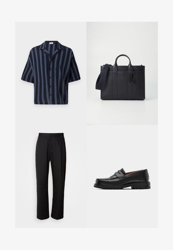 Lyhythihainen nappipaita, jossa on tummansininen tausta ja vaaleansiniset pystyröykkiöt sekä klassinen kaulusuunnittelu.; Mustat suorat housut, jotka on valmistettu kevyestä kankaasta. Varustettu edessä nappikiinnityksellä ja kahdella sivutaskulla; sileä pinta.; Mustat nahka loafit sisältävät kohoavan sauman, kaksi koristeellista nauhaa yläosassa ja paksun teksturoidun pohjan parempaa pitoa varten.; Tummansininen nahkainen salkku, jossa on kaksinkertaiset yläkahvat ja irrotettava hihna. Varustettu tekstuuripinnalla, pystysuoralla ompeleella ja logotiedoilla.